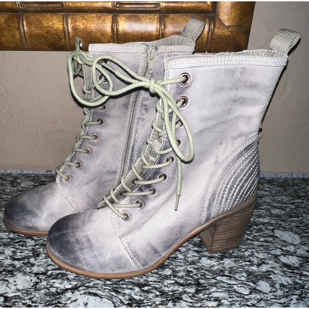Seychelles Combat Boots Women 9 Grey Good Distressed Lace Up Side Zip Block Heel